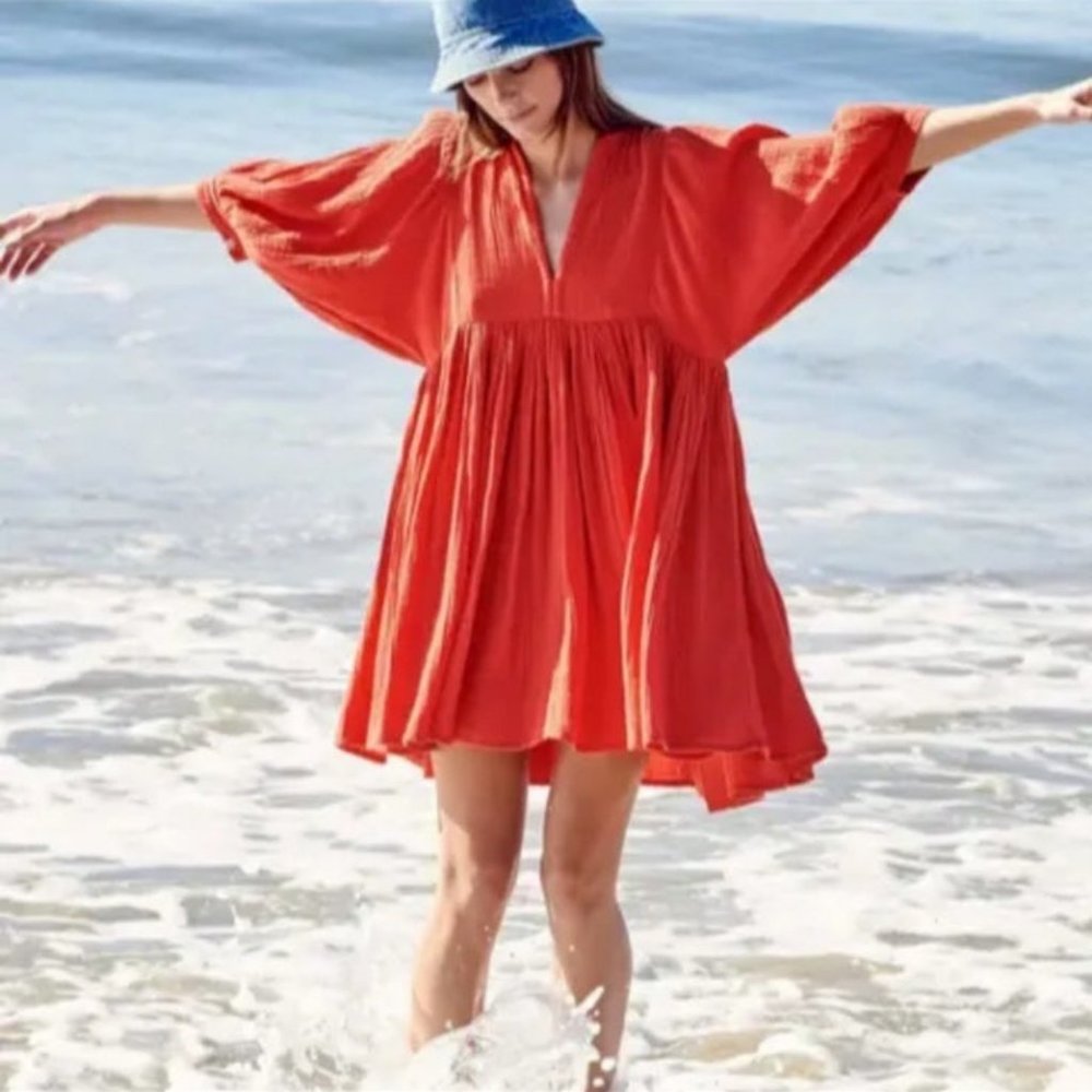 Anthropologie Sundry Orange Boho Short Balloon Sleeve Tunic Dress Sz 1 Small